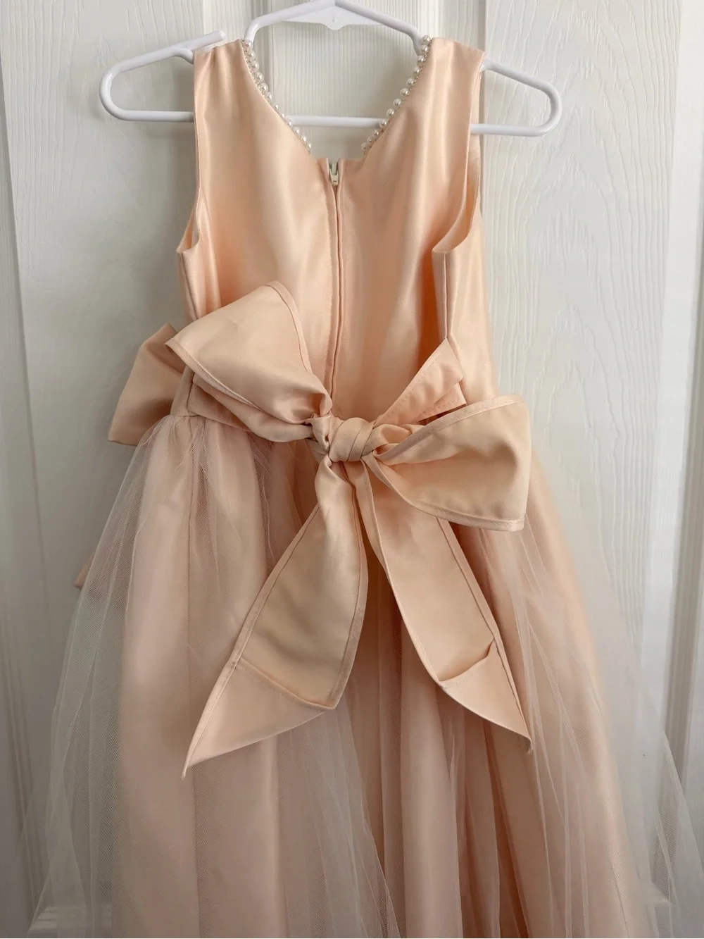 Girls' Pearl-Trim Peach Bow Tulle Dress